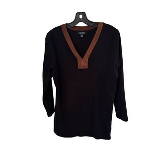 Lauren Ralph Lauren Tunic Top Black Stretchy Brown Faux Suede Trim Women’s Sz XL